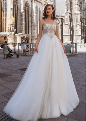 Thin Straps Ivory Beaded Tulle Luxury Wedding Dress